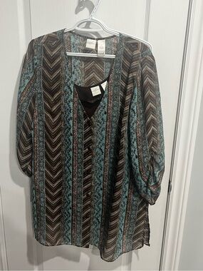 Emma James Teal and Brown Patterned Boho Top
